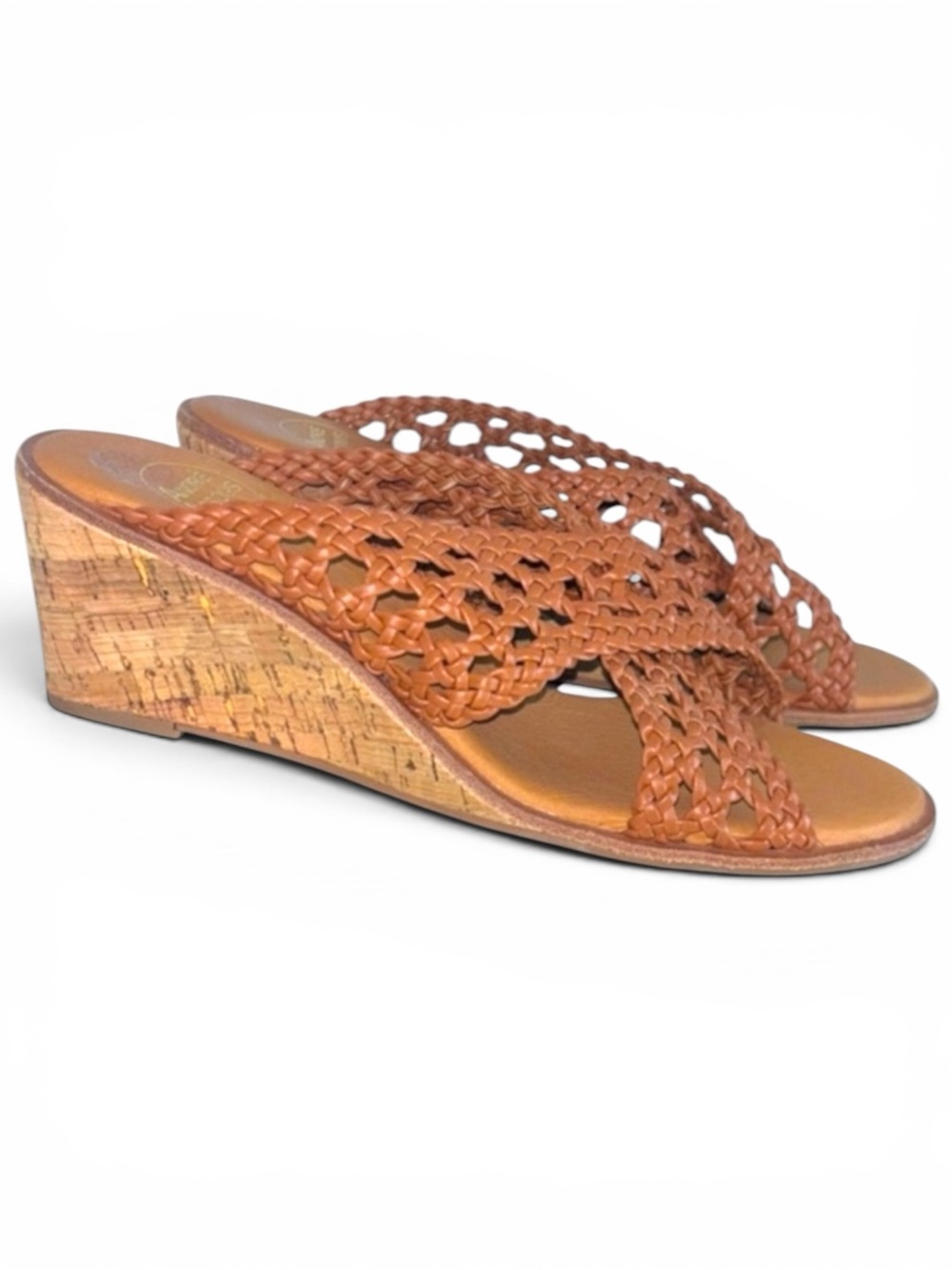 Andre Assous Bryana Woven Leather Cork Wedge Slide Sandals Brown 9 NWOT